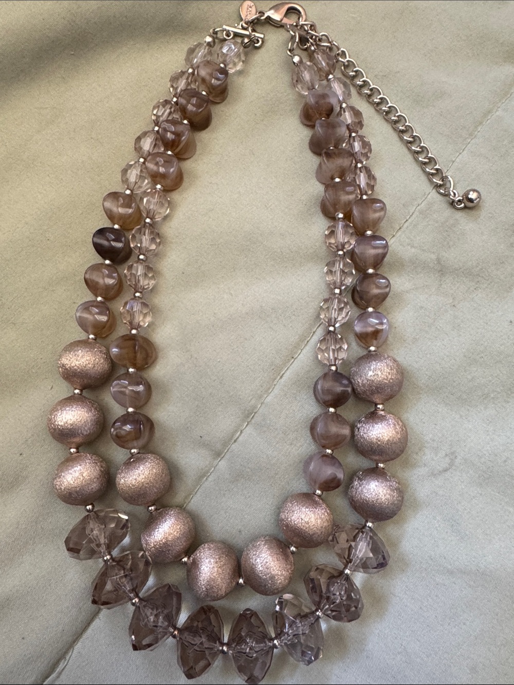 Chico's Taupe Beaded Double Strand Statement Necklace adjustable length